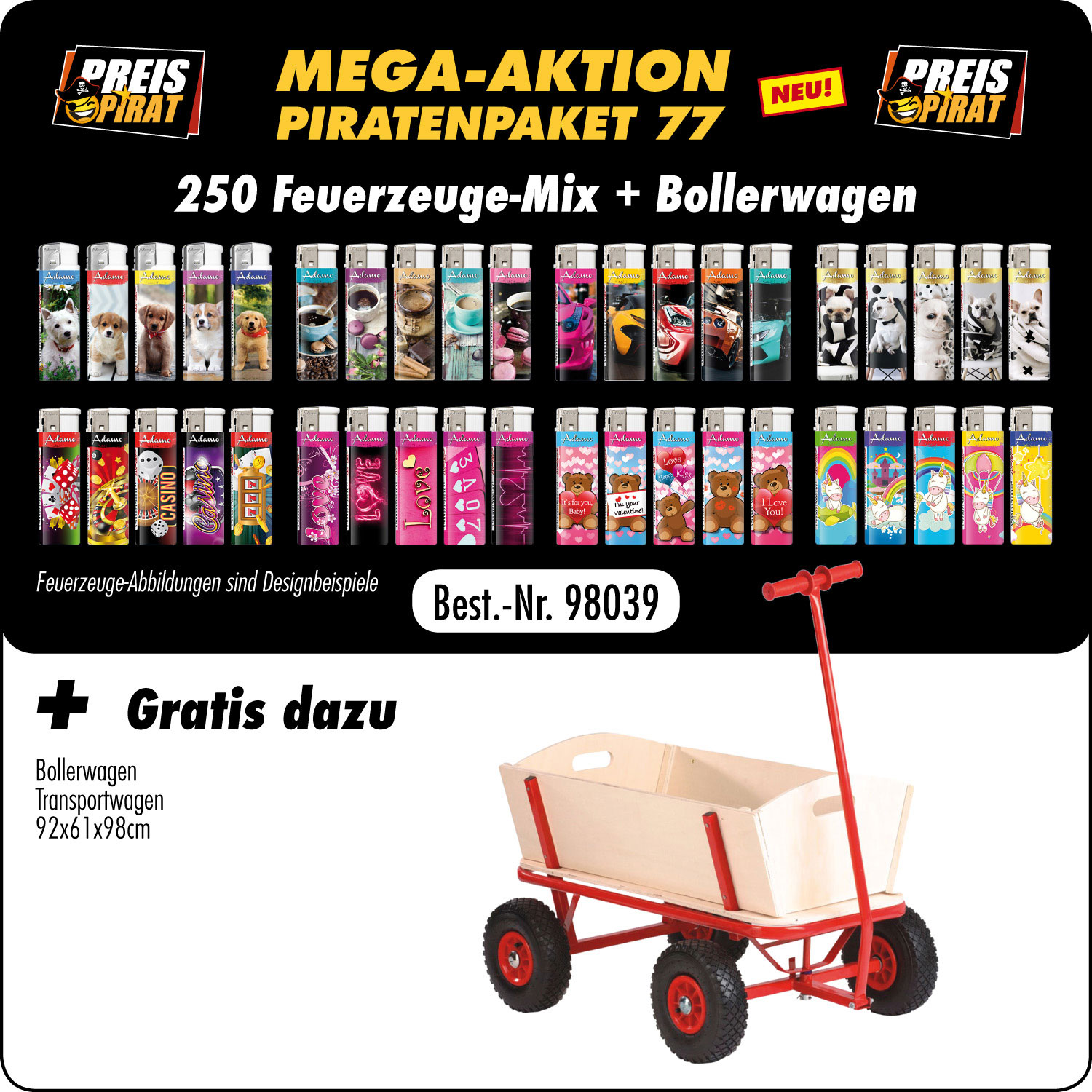 Preispirat24 Tankstellenbedarf Großhandel - Piraten Aktions Paket X S 77-  mit 250 Motiv Fzg. Mix + Gratis Bollerwagen Handwa